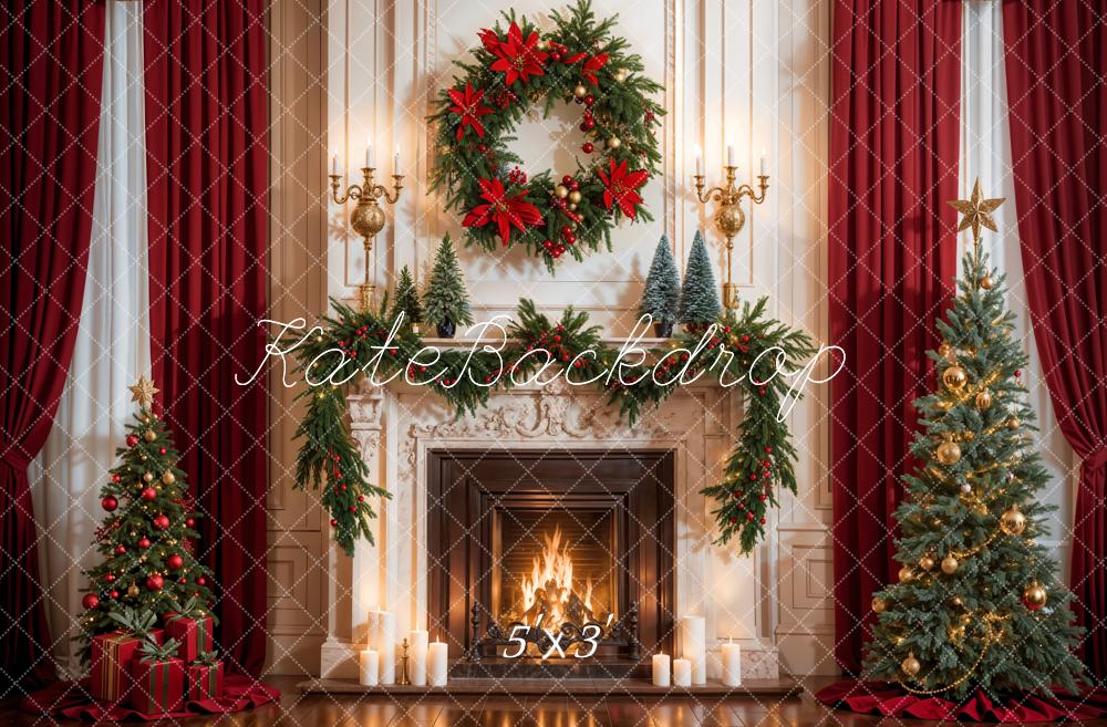 Kate Christmas Red Curtain White Fireplace Backdrop Designed by Emetselch - Kate Backdrop AU