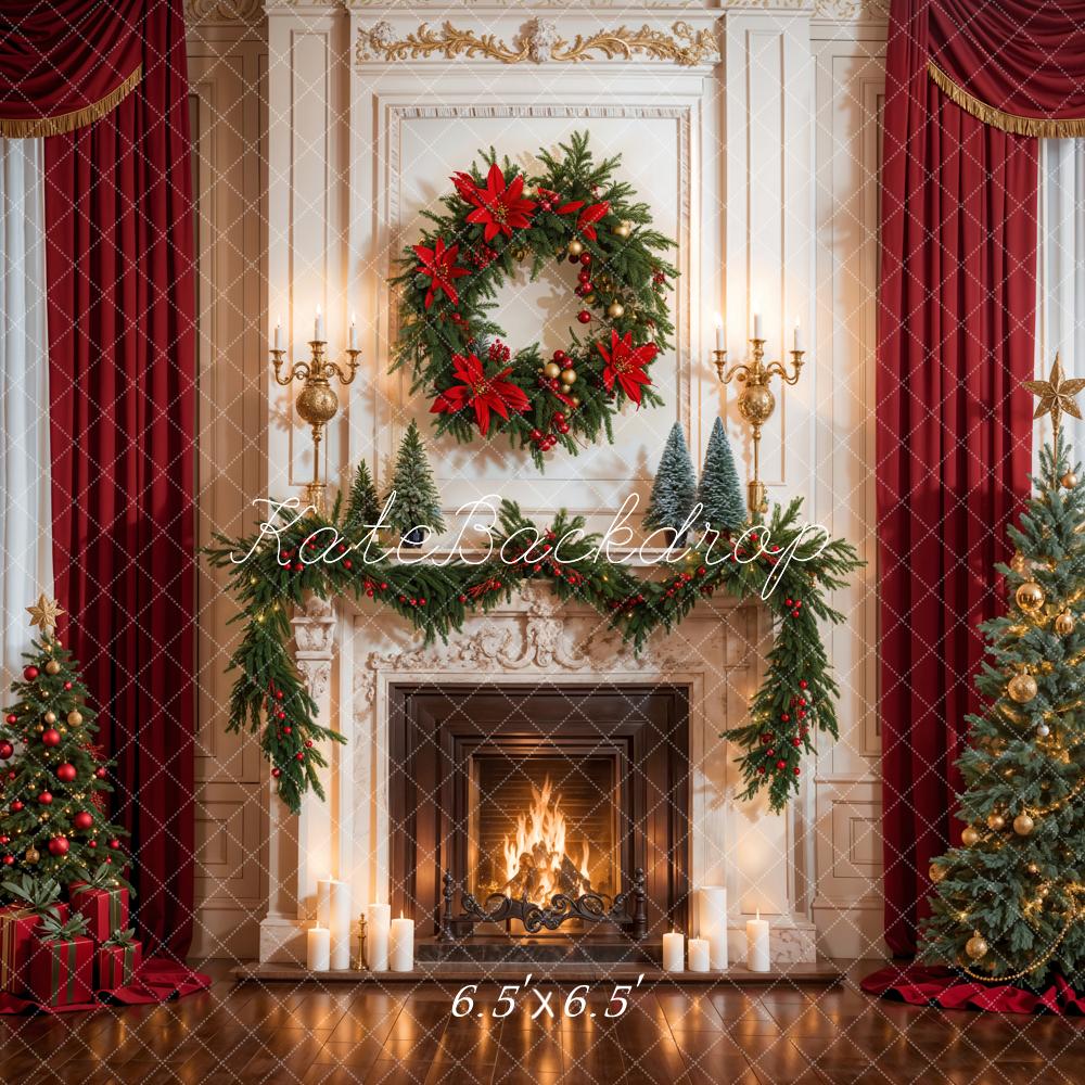 Kate Christmas Red Curtain White Fireplace Backdrop Designed by Emetselch - Kate Backdrop AU