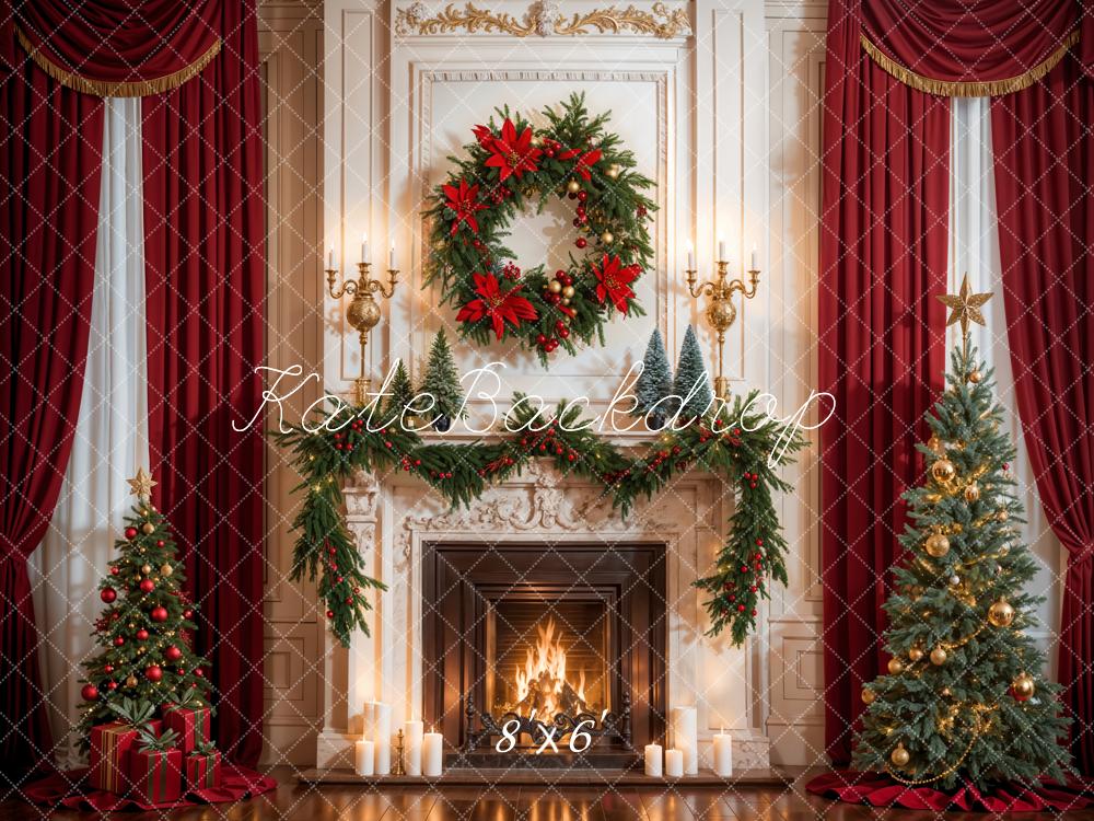 Kate Christmas Red Curtain White Fireplace Backdrop Designed by Emetselch - Kate Backdrop AU