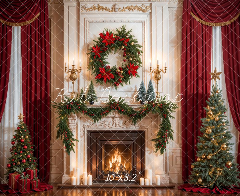 Kate Christmas Red Curtain White Fireplace Backdrop Designed by Emetselch - Kate Backdrop AU