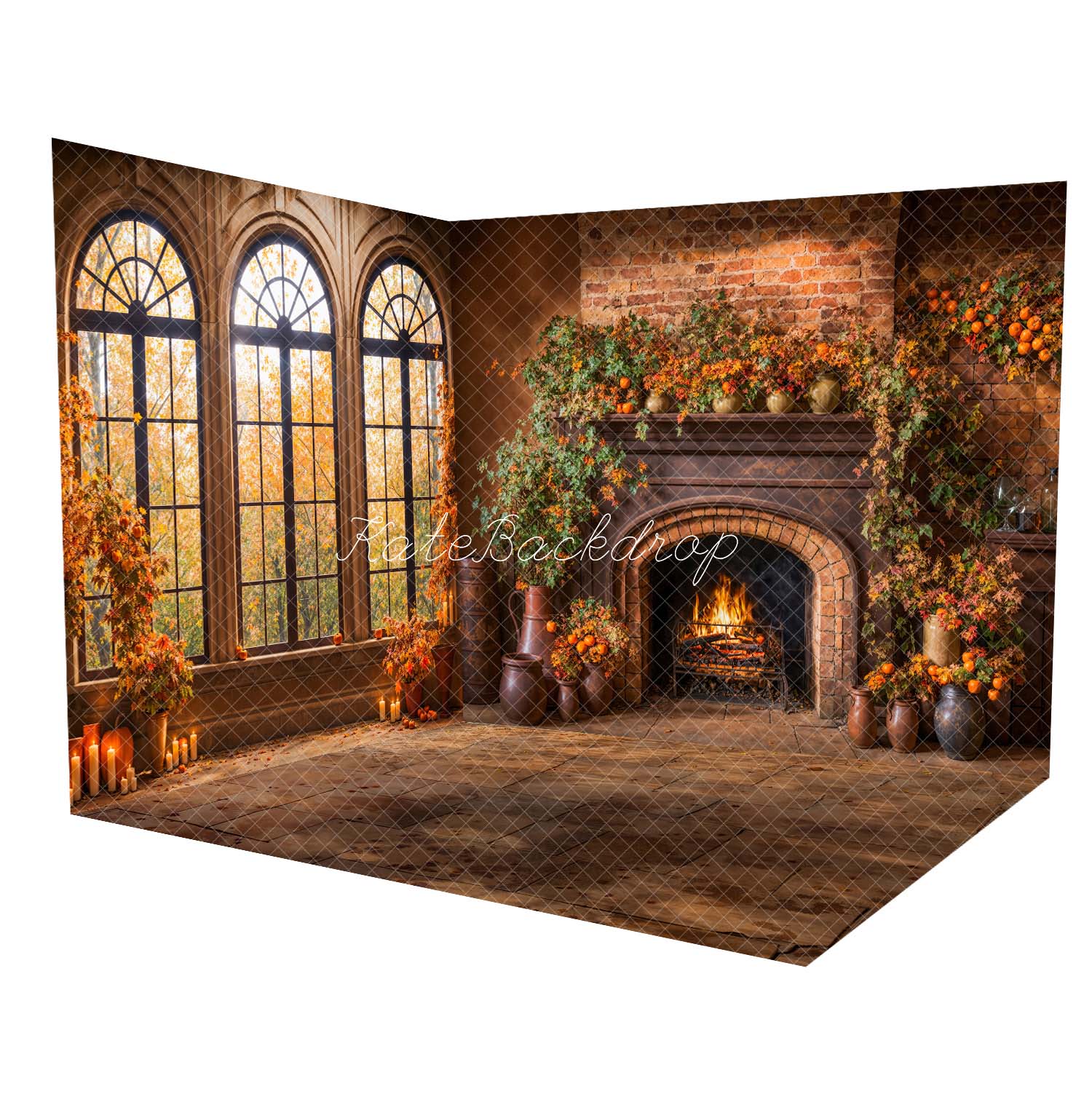 Kate Autumn Arched Windows Brick Wall Fireplace Room Set(8ftx8ft&10ftx8ft&8ftx10ft) - Kate Backdrop AU
