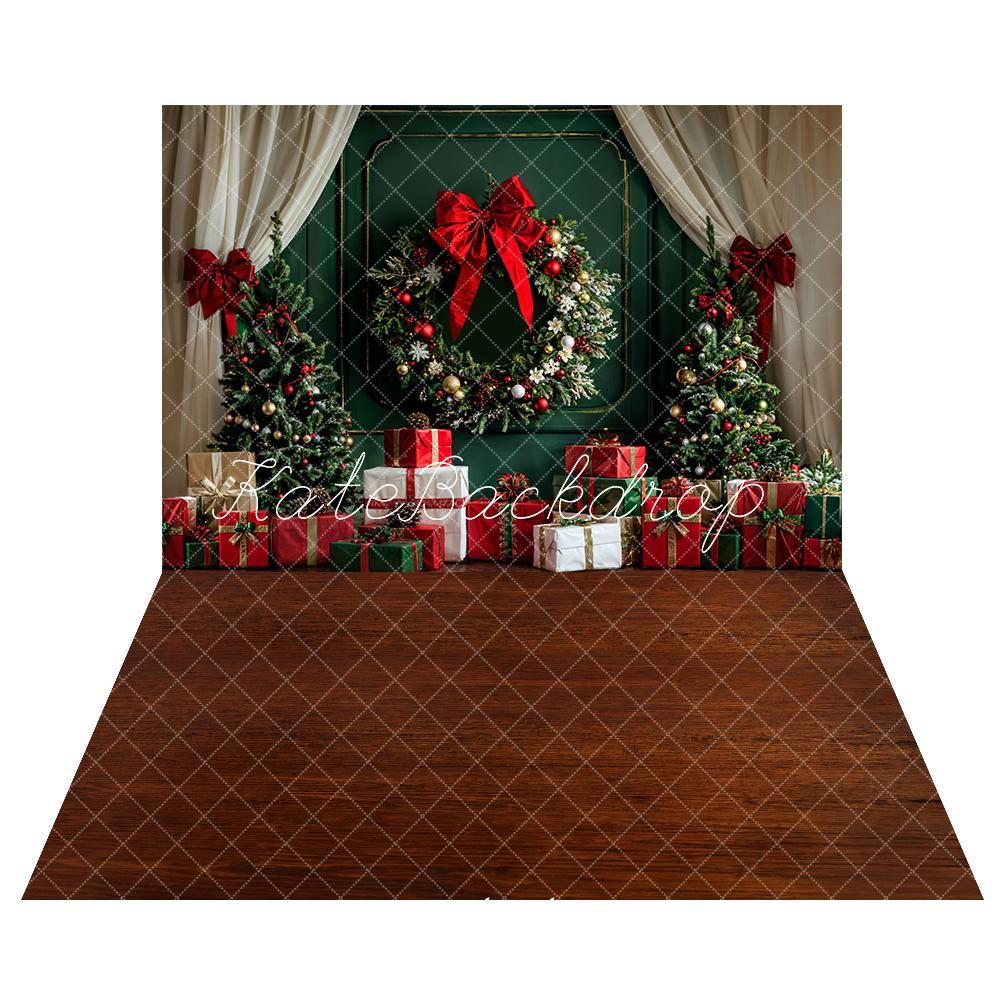 Kate Christmas White Curtain Dark Green Vintage Backdrop+Brown Wooden Floor Backdrop - Kate Backdrop AU