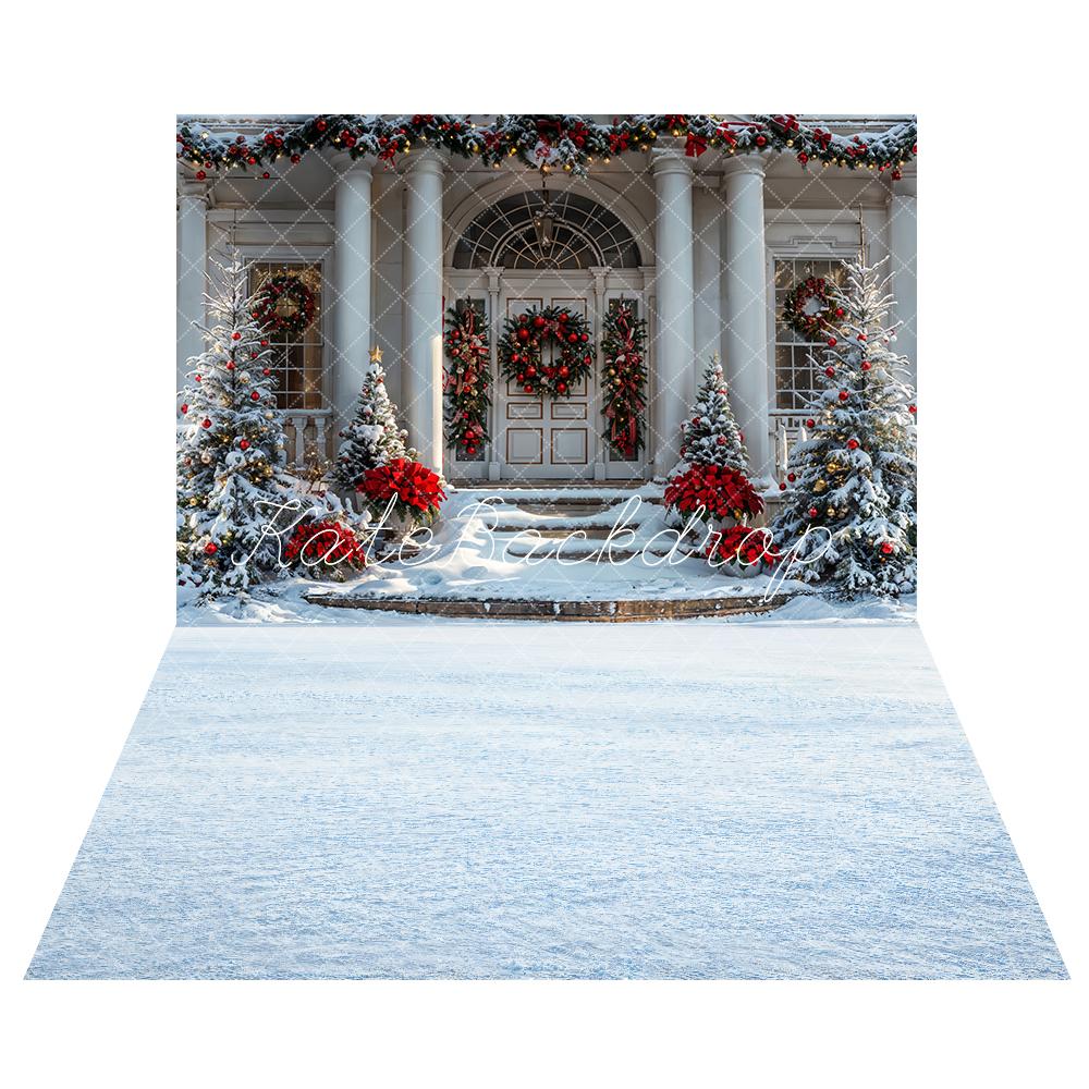 Kate Christmas White Vintage House Backdrop+Winter White Snow Floor Backdrop - Kate Backdrop AU