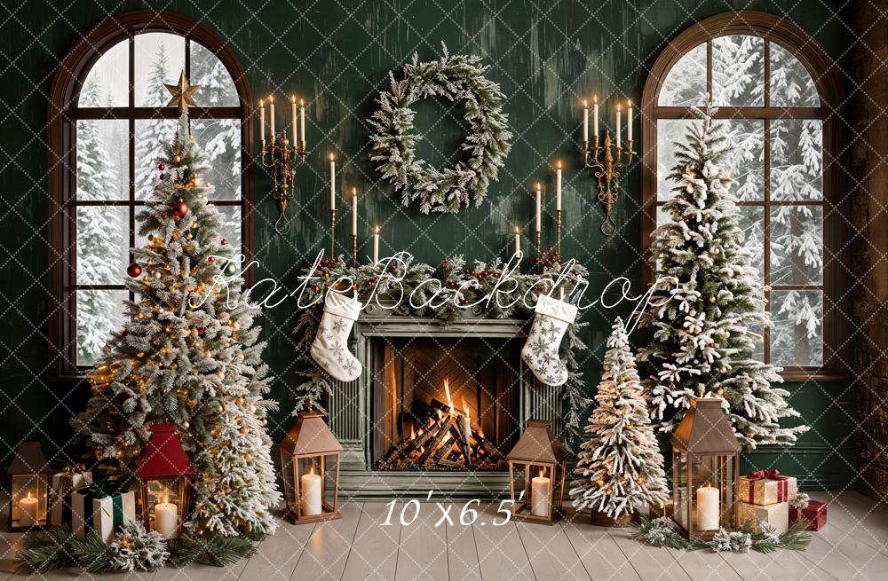 Kate Christmas Backdrop Green Fireplace Window Designed by Emetselch - Kate Backdrop AU