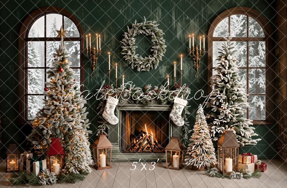 Kate Christmas Backdrop Green Fireplace Window Designed by Emetselch - Kate Backdrop AU