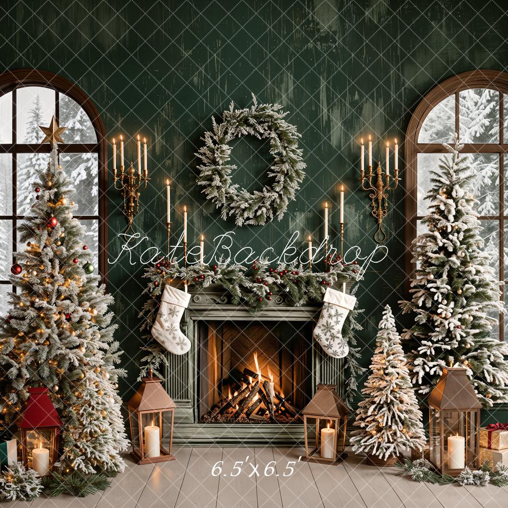 Kate Christmas Backdrop Green Fireplace Window Designed by Emetselch - Kate Backdrop AU