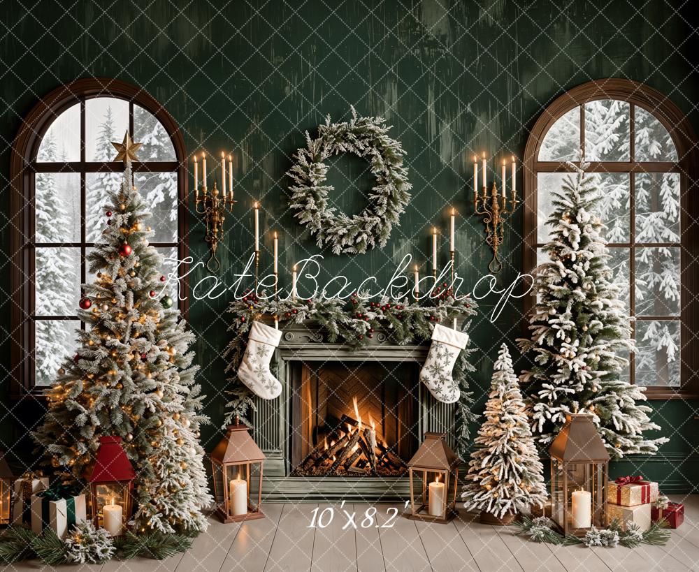 Kate Christmas Backdrop Green Fireplace Window Designed by Emetselch - Kate Backdrop AU