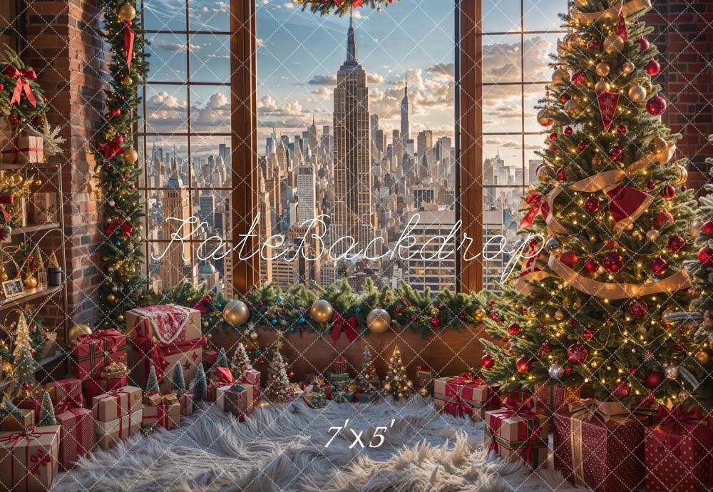 Kate Christmas Tree Window City View Backdrop Designed by Emetselch - Kate Backdrop AU