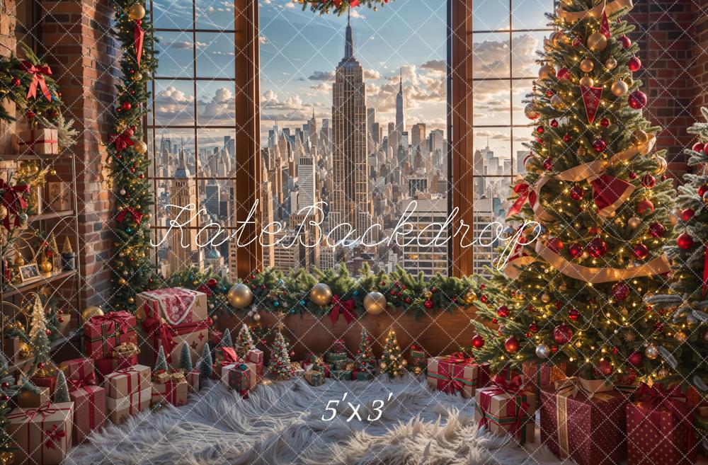 Kate Christmas Tree Window City View Backdrop Designed by Emetselch - Kate Backdrop AU