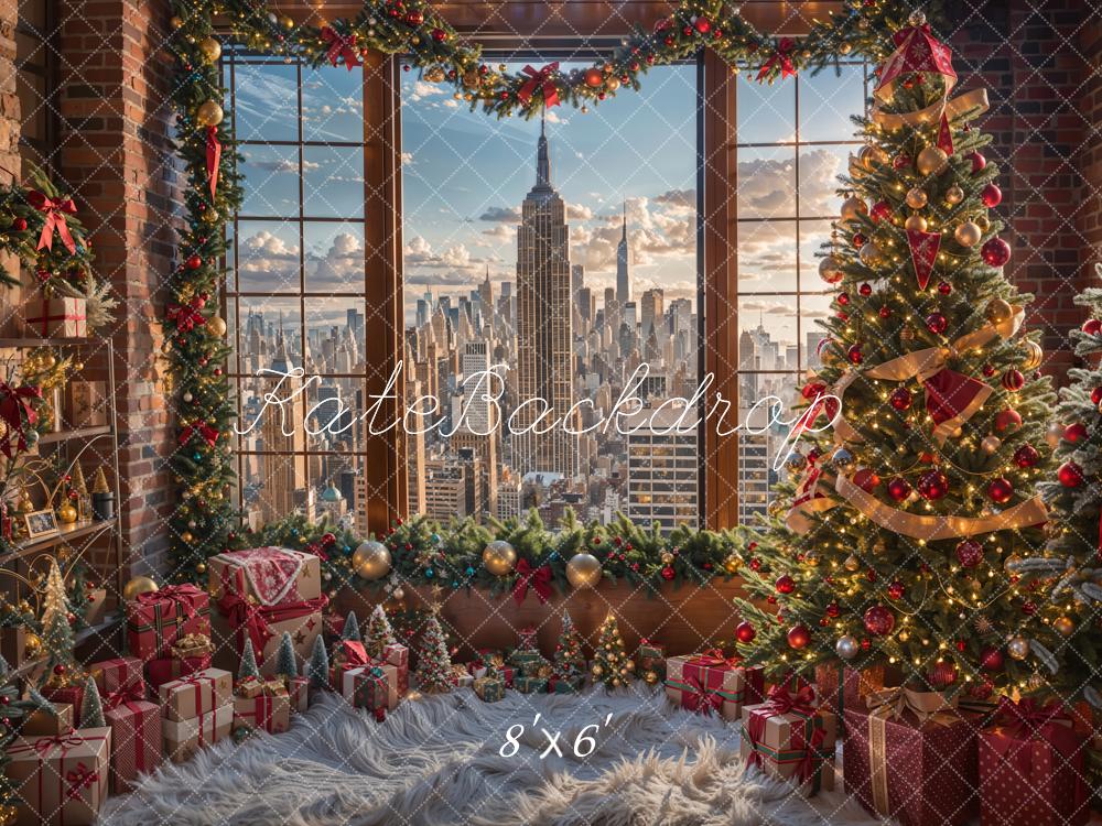 Kate Christmas Tree Window City View Backdrop Designed by Emetselch - Kate Backdrop AU