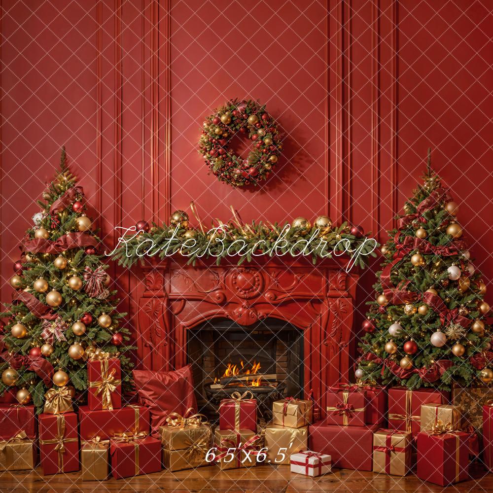 Kate Christmas Fireplace Red Wall Backdrop Designed by Emetselch - Kate Backdrop AU
