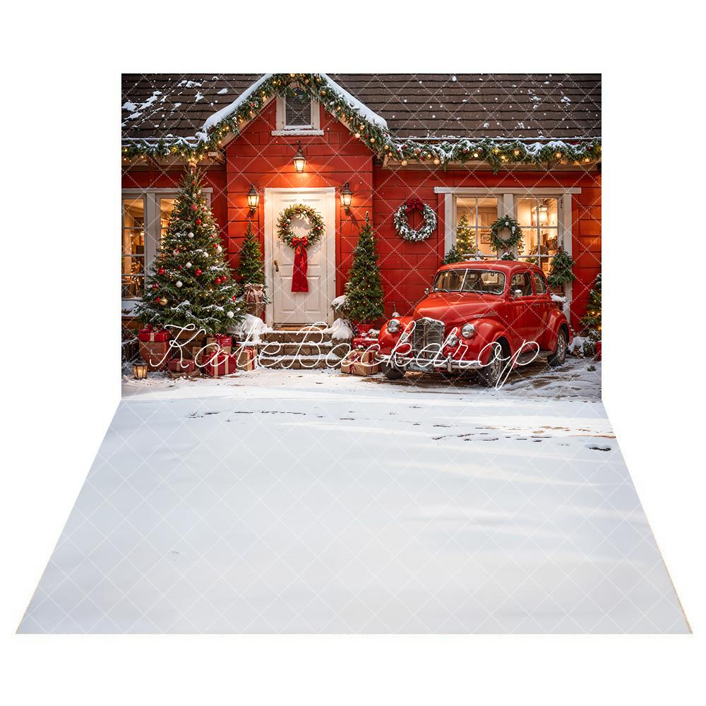 Kate Red Christmas House Truck Backdrop+White Snow Floor Backdrop - Kate Backdrop AU
