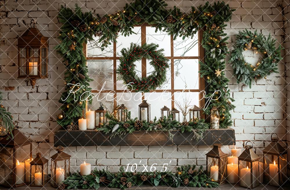 Kate White Brick Wall Christmas Wreath Backdrop Designed by Emetselch - Kate Backdrop AU
