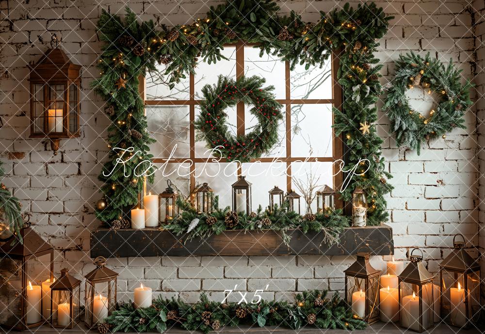 Kate White Brick Wall Christmas Wreath Backdrop Designed by Emetselch - Kate Backdrop AU
