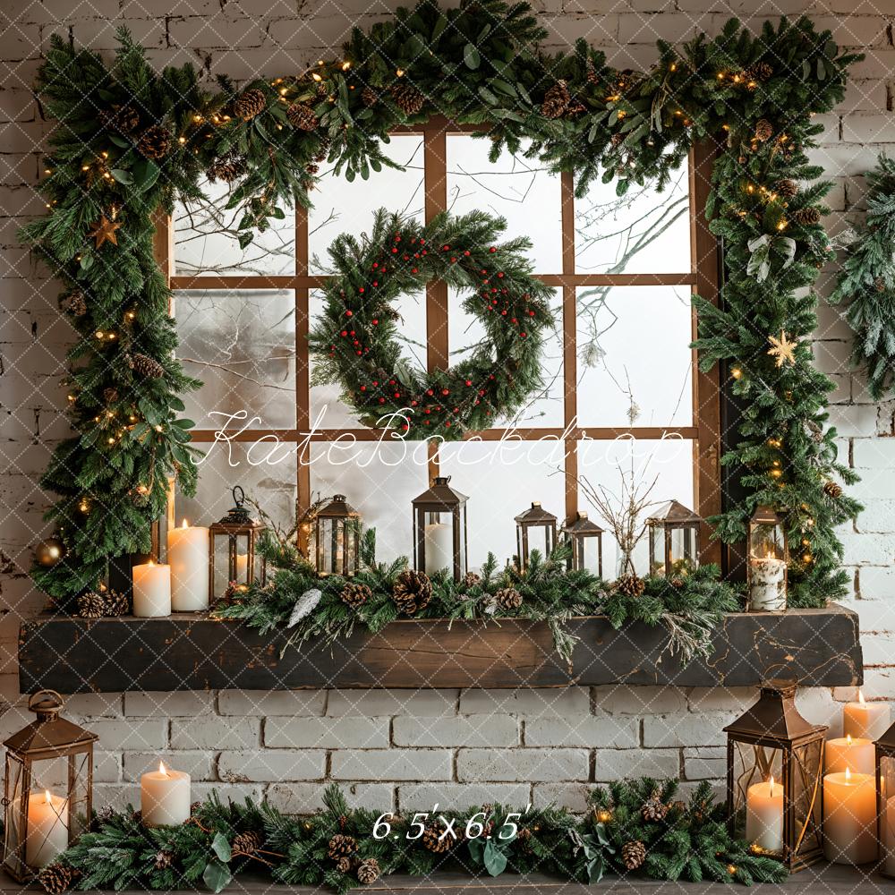 Kate White Brick Wall Christmas Wreath Backdrop Designed by Emetselch - Kate Backdrop AU
