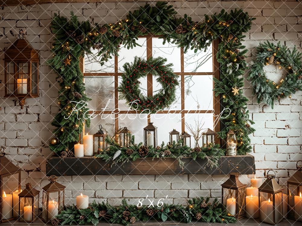 Kate White Brick Wall Christmas Wreath Backdrop Designed by Emetselch - Kate Backdrop AU