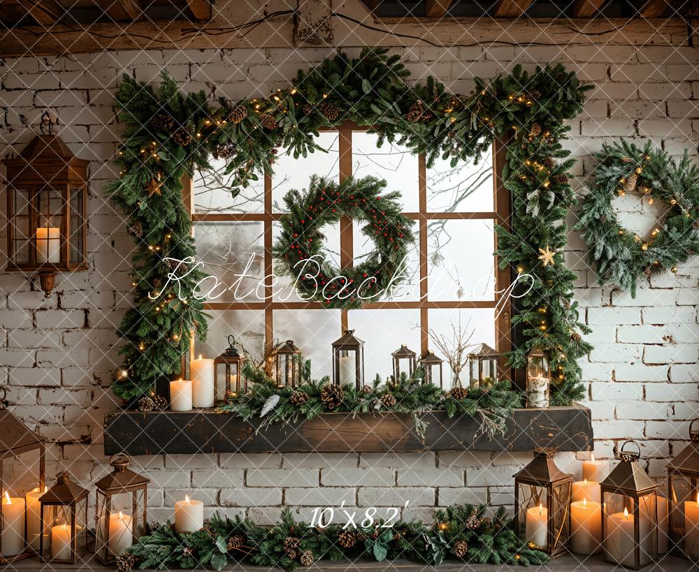 Kate White Brick Wall Christmas Wreath Backdrop Designed by Emetselch - Kate Backdrop AU