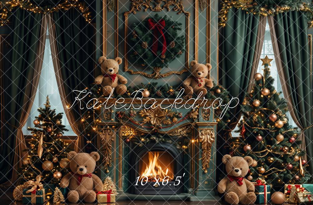 Kate Christmas Green Fireplace Teddy Bear Backdrop Designed by Emetselch - Kate Backdrop AU
