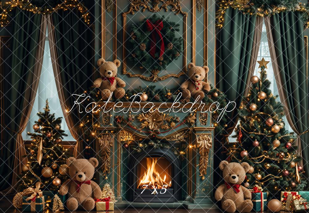 Kate Christmas Green Fireplace Teddy Bear Backdrop Designed by Emetselch - Kate Backdrop AU