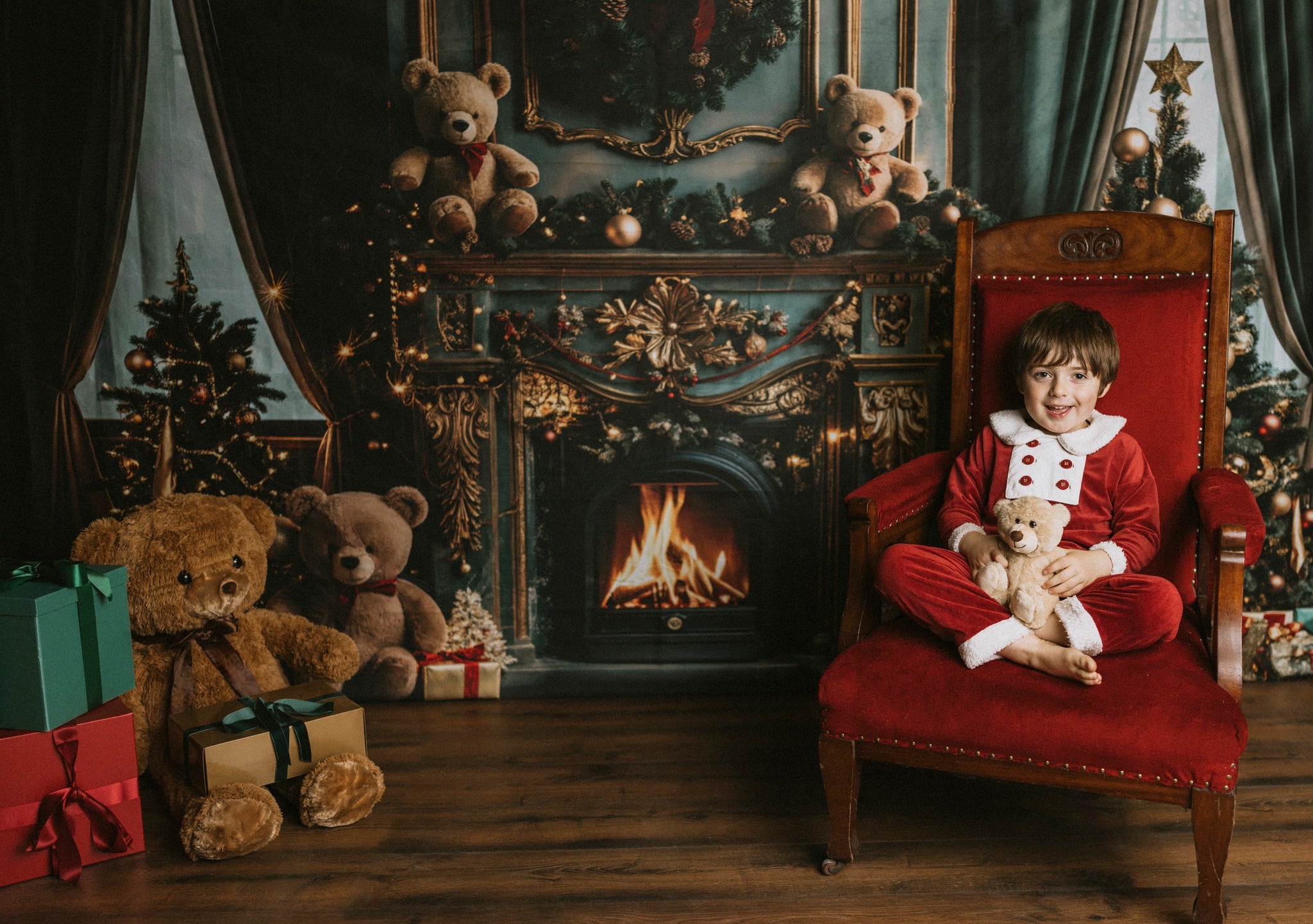 Kate Christmas Green Fireplace Teddy Bear Backdrop Designed by Emetselch - Kate Backdrop AU