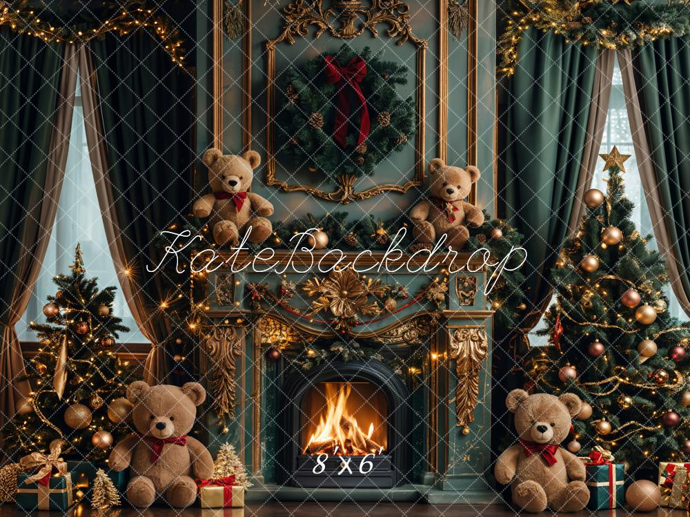 Kate Christmas Green Fireplace Teddy Bear Backdrop Designed by Emetselch - Kate Backdrop AU