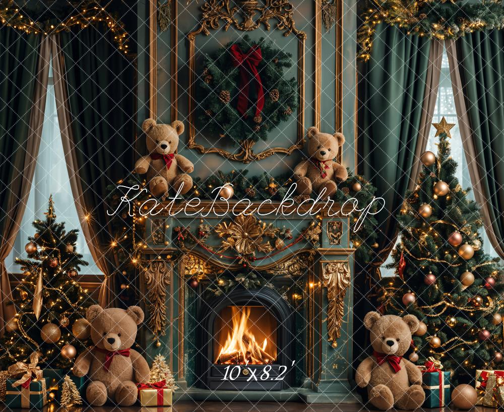 Kate Christmas Green Fireplace Teddy Bear Backdrop Designed by Emetselch - Kate Backdrop AU
