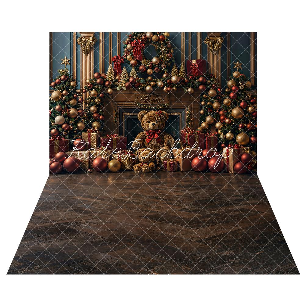 Kate Christmas Gitf Fireplace Bear Backdrop+Old Wooden Floor Backdrop - Kate Backdrop AU