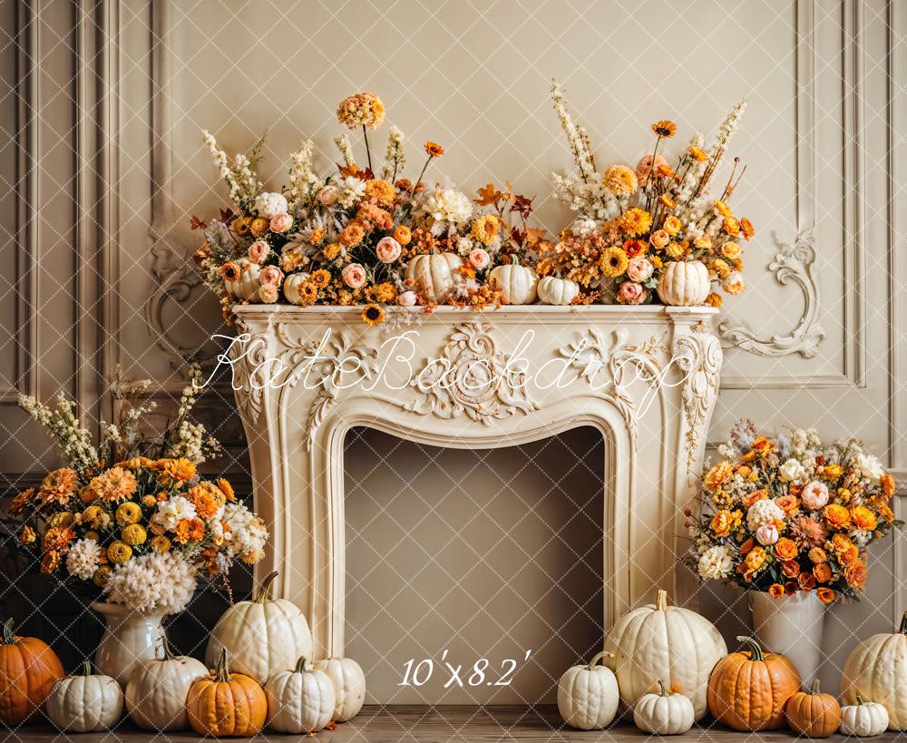 Kate Autumn Pumpkin Floral Fireplace Backdrop Designed by Emetselch - Kate Backdrop AU