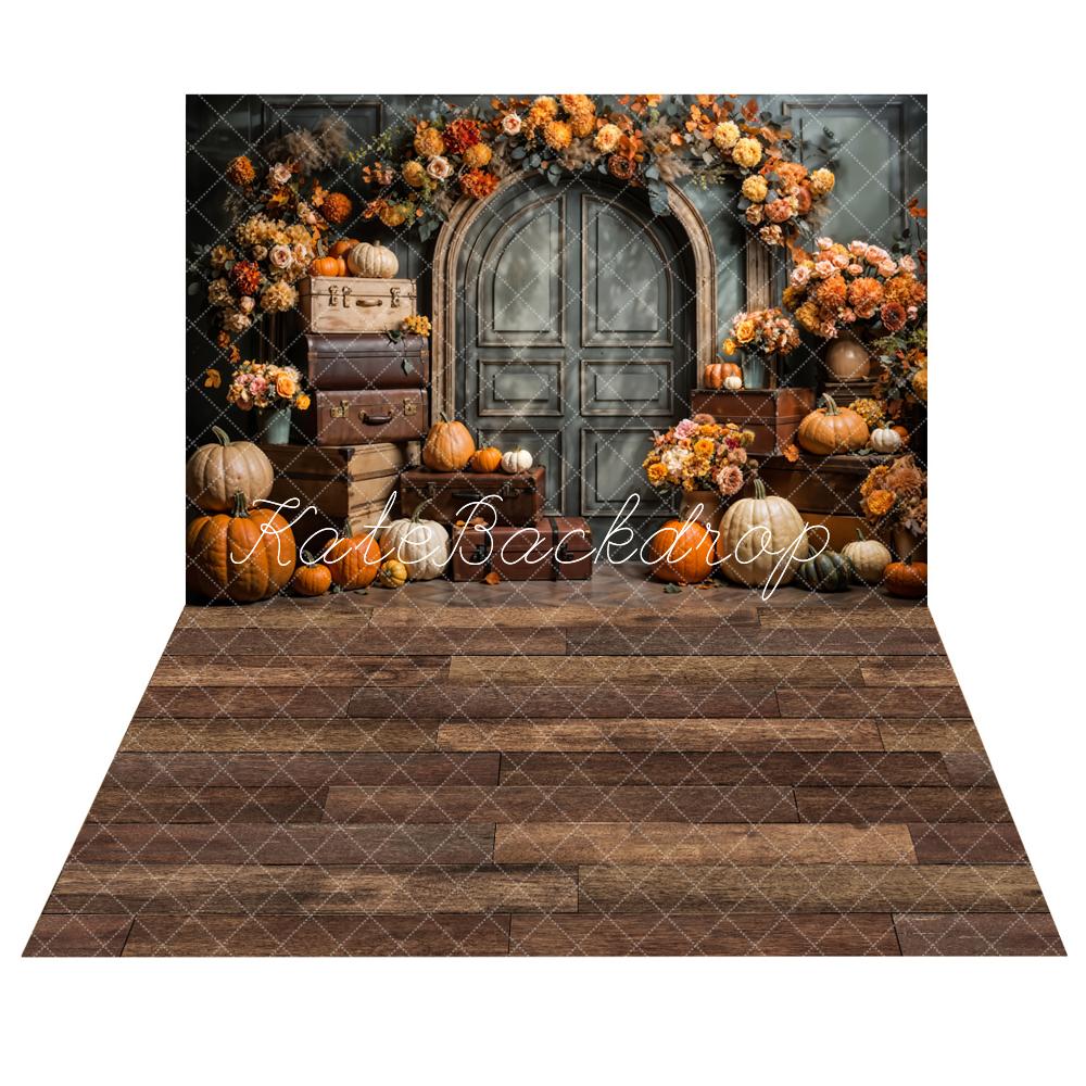 Kate Fall Pumpkin Blossom Suitcase Backdrop+Wood Floor Backdrop - Kate Backdrop AU
