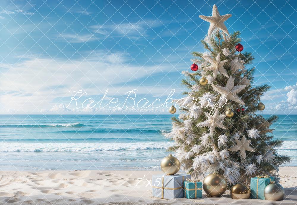 Kate Blue Sea Beach Christmas Tree Backdrop Designed by Emetselch - Kate Backdrop AU