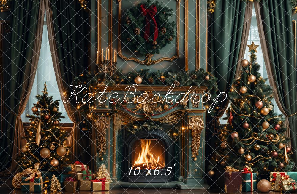 Kate Christmas Green Retro Fireplace Backdrop Designed by Emetselch - Kate Backdrop AU