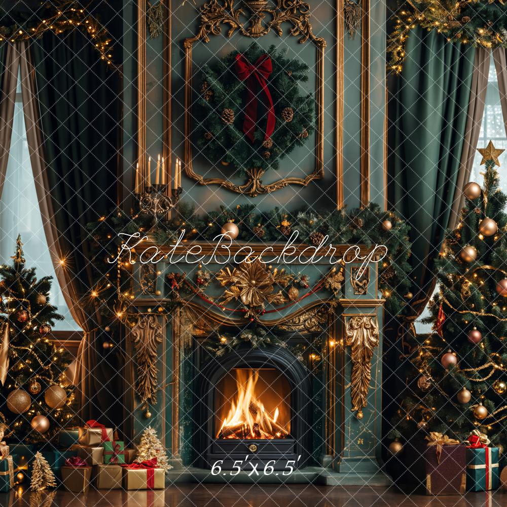 Kate Christmas Green Retro Fireplace Backdrop Designed by Emetselch - Kate Backdrop AU