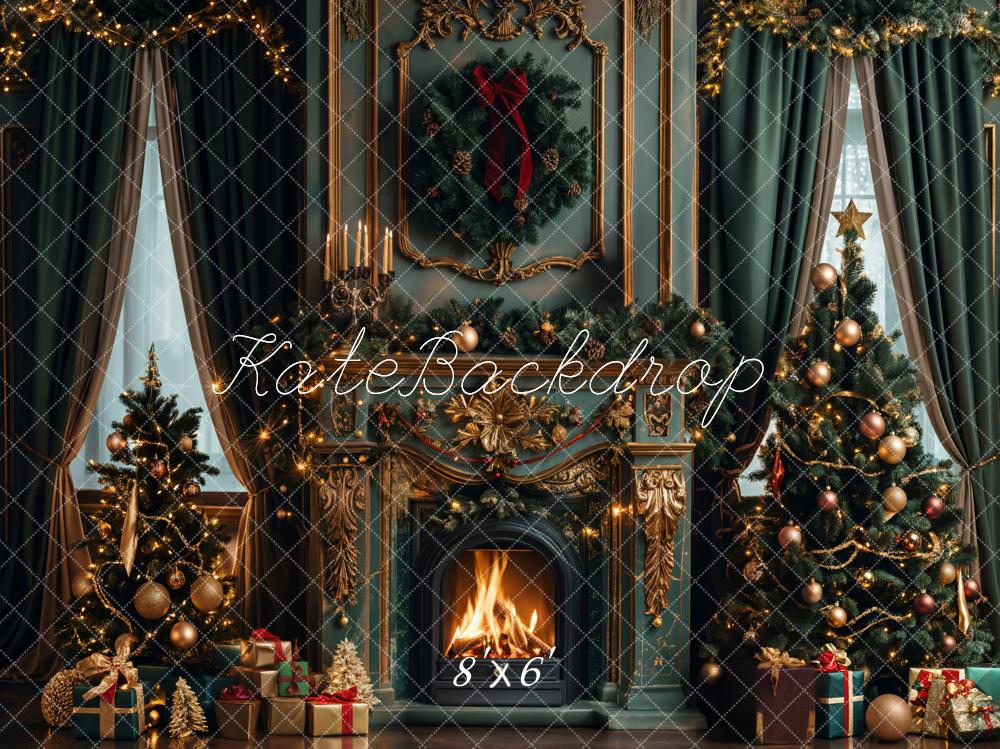 Kate Christmas Green Retro Fireplace Backdrop Designed by Emetselch - Kate Backdrop AU