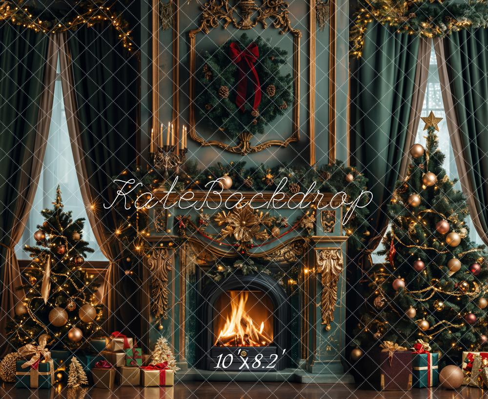 Kate Christmas Green Retro Fireplace Backdrop Designed by Emetselch - Kate Backdrop AU