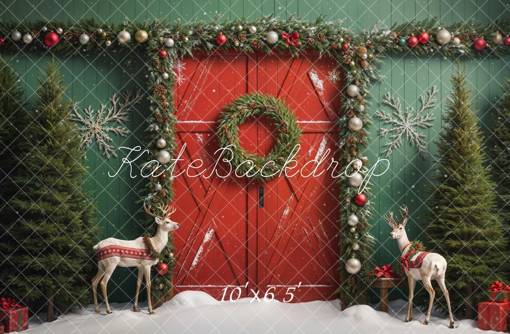 Kate Elk Christmas Barn Door Snow Backdrop Designed by Emetselch - Kate Backdrop AU