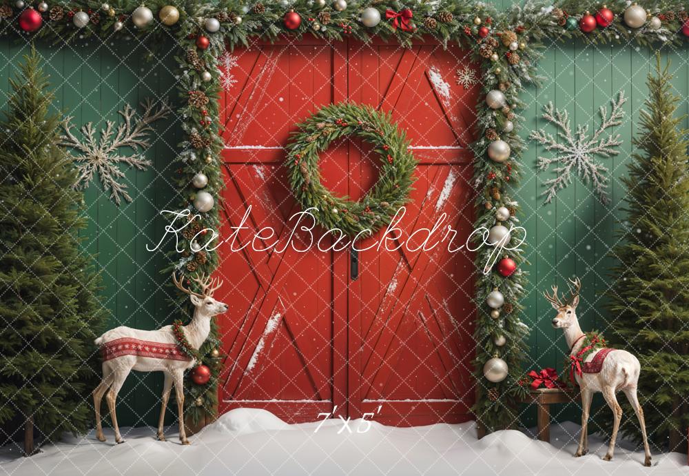 Kate Elk Christmas Barn Door Snow Backdrop Designed by Emetselch - Kate Backdrop AU