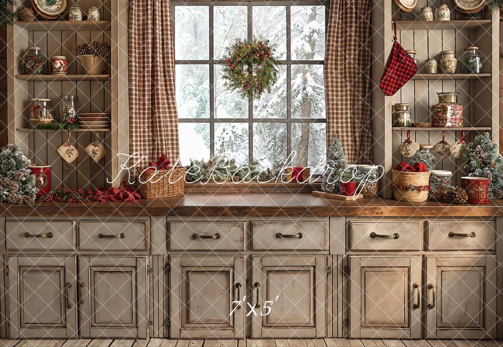 Kate Christmas Retro Brown Kitchen Backdrop Designed by Emetselch - Kate Backdrop AU
