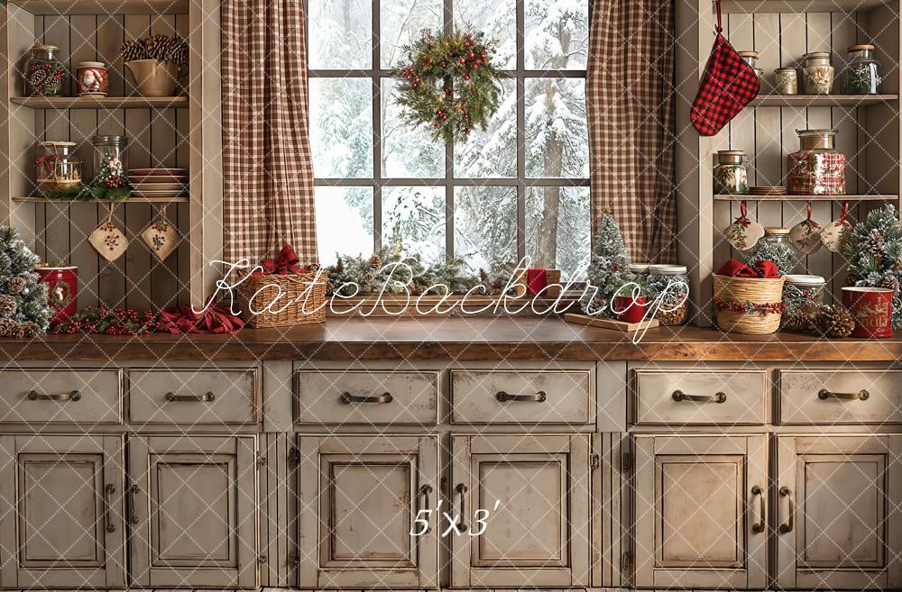 Kate Christmas Retro Brown Kitchen Backdrop Designed by Emetselch - Kate Backdrop AU
