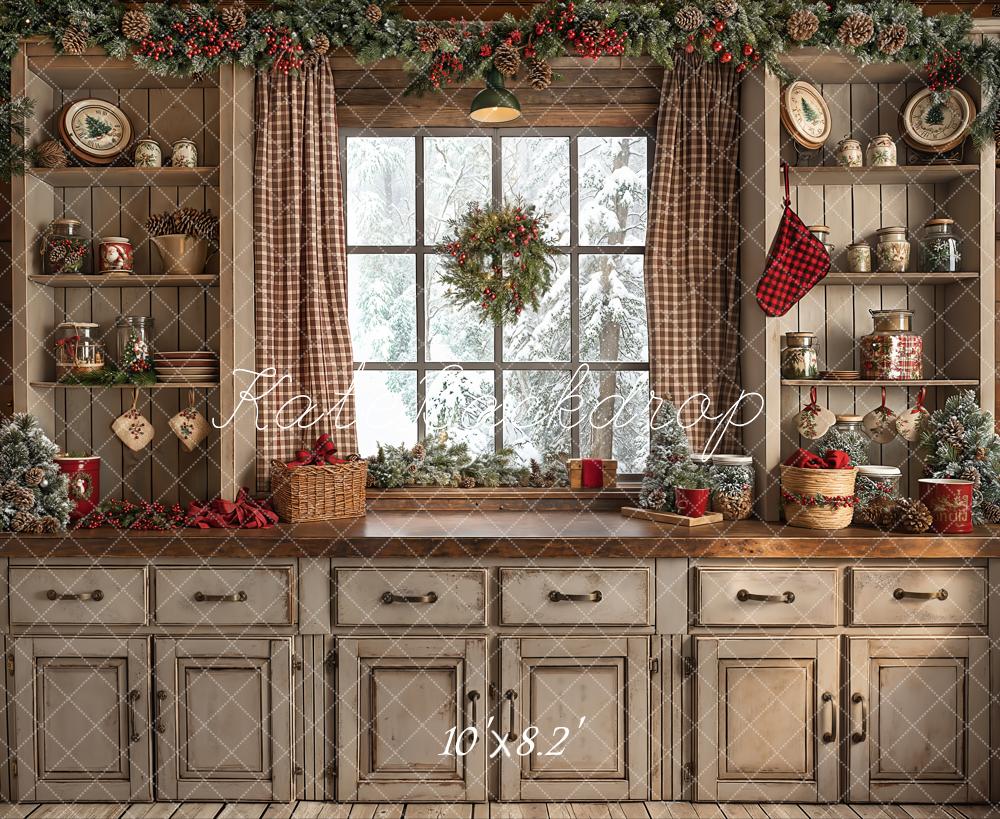 Kate Christmas Retro Brown Kitchen Backdrop Designed by Emetselch - Kate Backdrop AU