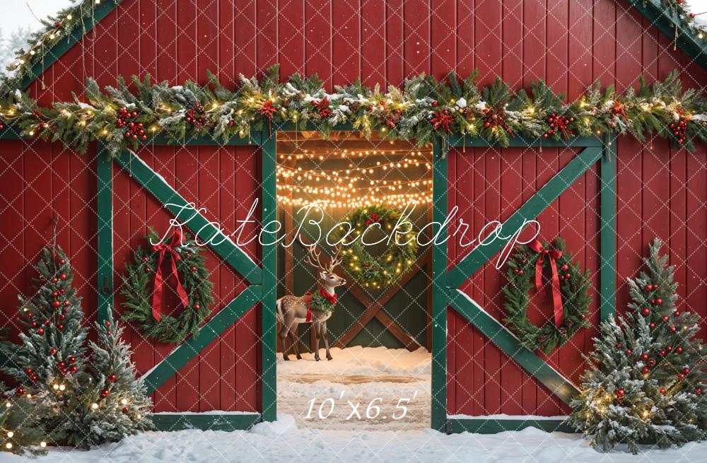 Kate Christmas Red House Elk Snow Backdrop Designed by Emetselch - Kate Backdrop AU