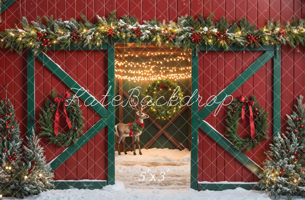 Kate Christmas Red House Elk Snow Backdrop Designed by Emetselch - Kate Backdrop AU