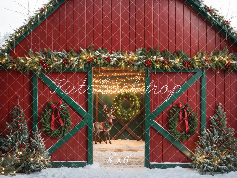 Kate Christmas Red House Elk Snow Backdrop Designed by Emetselch - Kate Backdrop AU