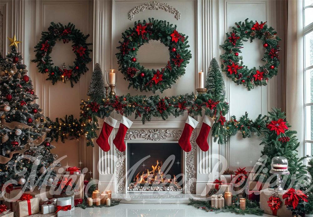 Kate White Christmas Wreath Fireplace Backdrop Designed by Mini MakeBelieve - Kate Backdrop AU