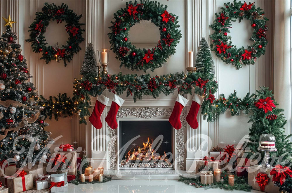 Kate White Christmas Wreath Fireplace Backdrop Designed by Mini MakeBelieve - Kate Backdrop AU