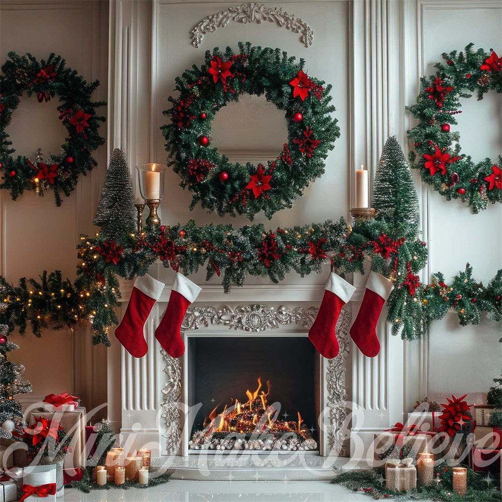 Kate White Christmas Wreath Fireplace Backdrop Designed by Mini MakeBelieve - Kate Backdrop AU