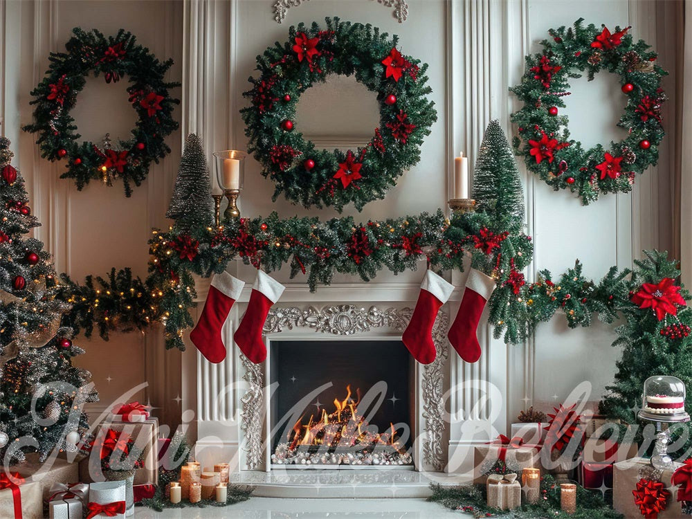 Kate White Christmas Wreath Fireplace Backdrop Designed by Mini MakeBelieve - Kate Backdrop AU