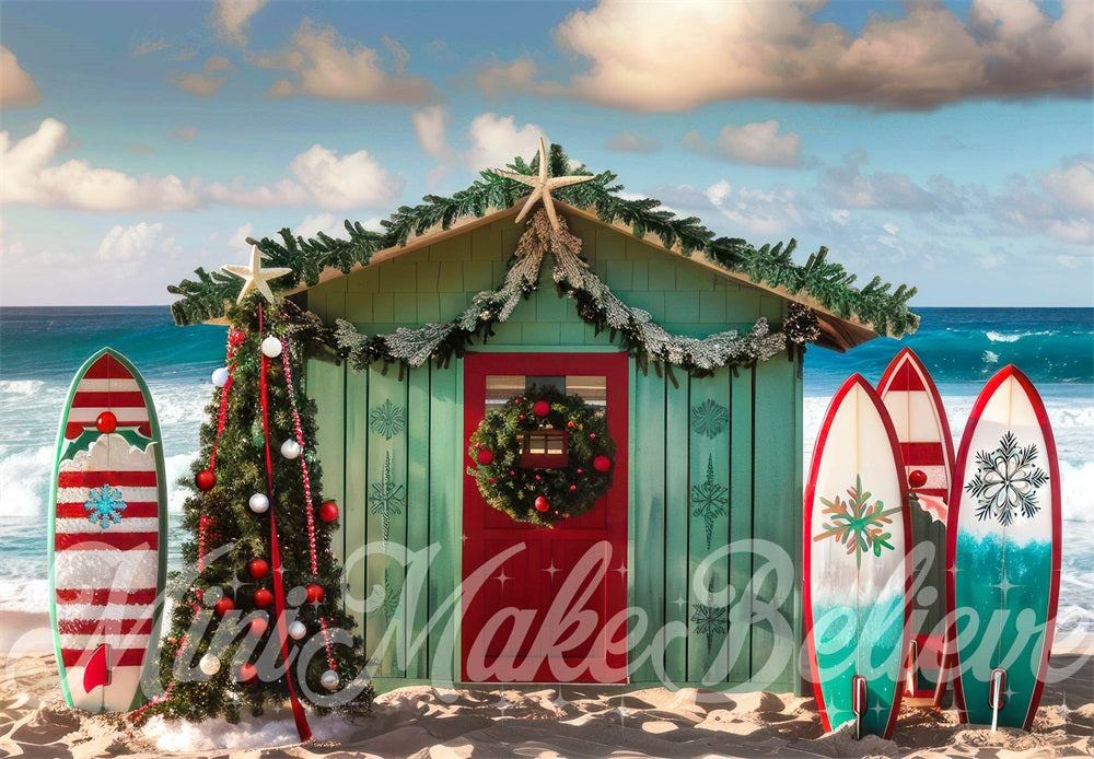 Kate Christmas Sea Beach Surfboard Hut Backdrop Designed by Mini MakeBelieve - Kate Backdrop AU