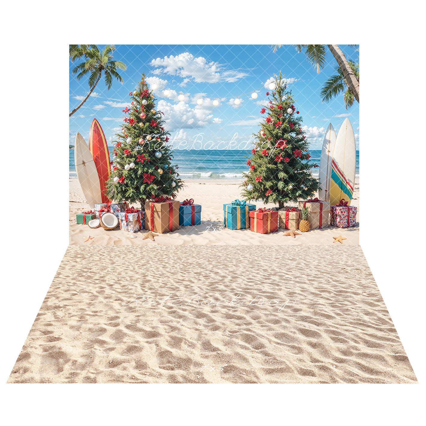 Kate Beach Christmas Surfboard Backdrop+Sand Floor Backdrop