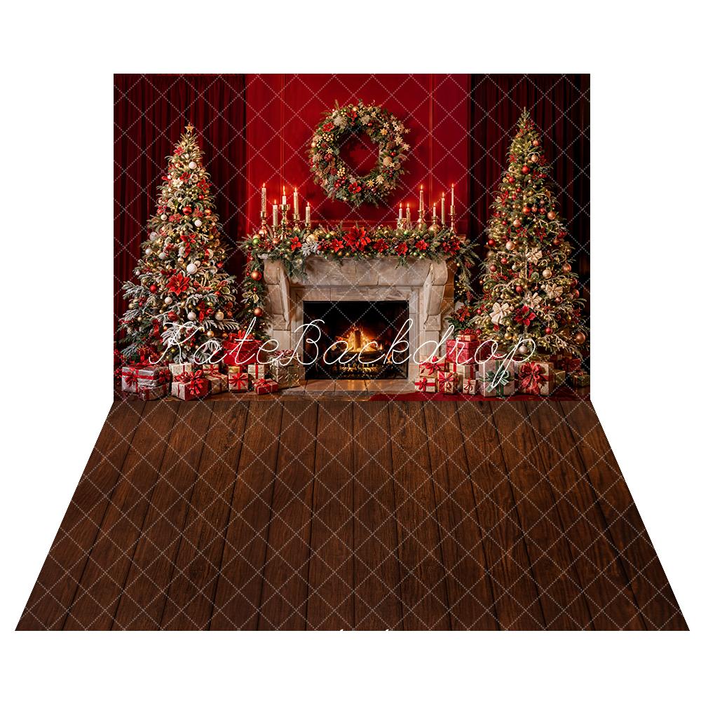 Kate Red Christmas Tree Garland Fireplace Backdrop+Wood Floor Backdrop - Kate Backdrop AU