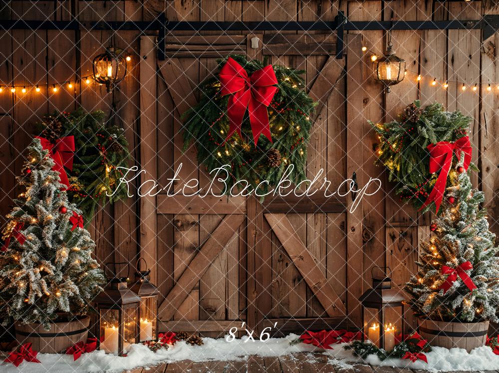 Kate Christmas Brown Wooden Barn Door Backdrop Designed by Emetselch - Kate Backdrop AU